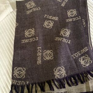 Loewe Plum and Beige Logo Jacquard Fringe Scarf. Faux 28x70”